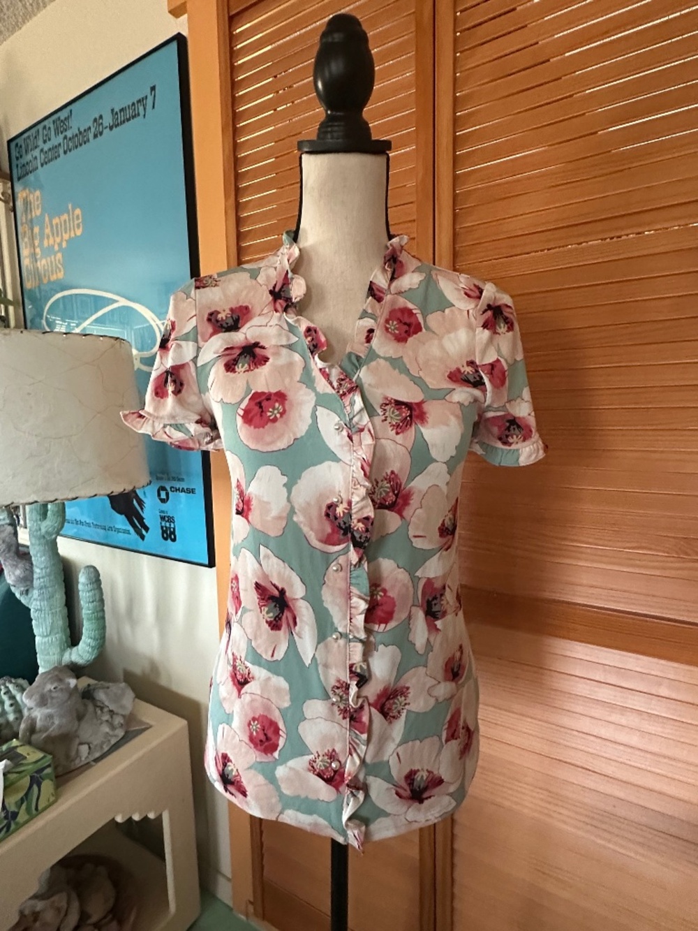 Karl Lagerfeld Floral Blouse: Poppy Print Baby Blue Pullover, XS